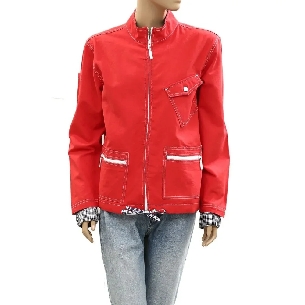 Free People We The Free Top Down Jacket Drawcord Red Cotton Zipup XS New 285696
